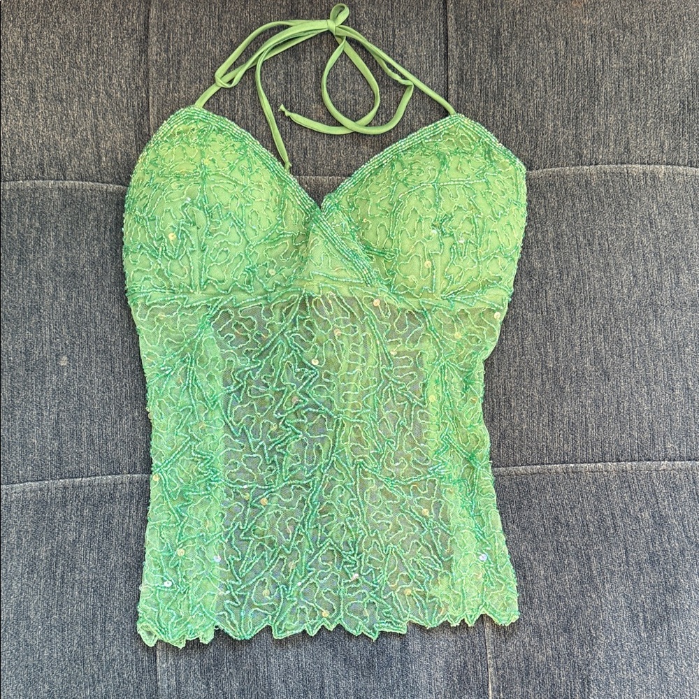 Green Lace Halter Top - size XS /S